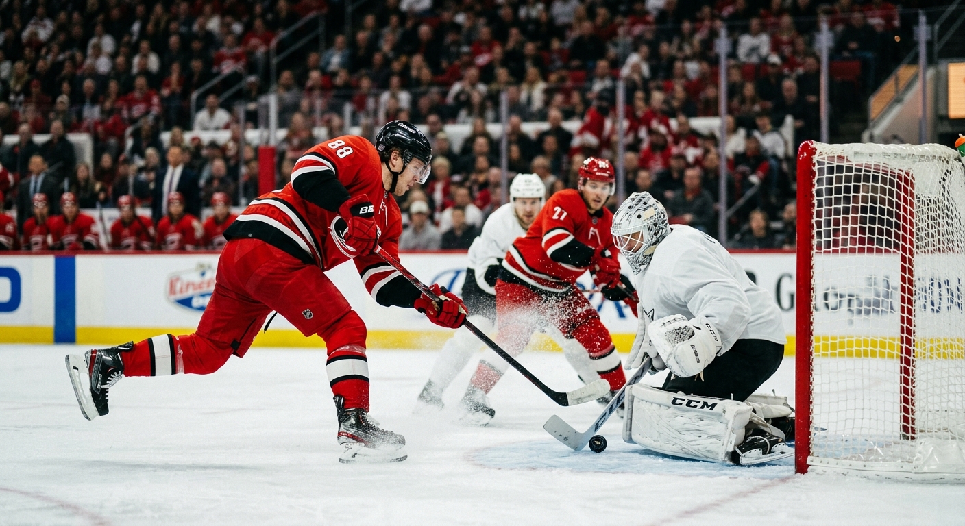 ice hockey players in action near the net during a professional game, a forward in a red jersey taking a quick shot on the ice while a goaltender in white pads