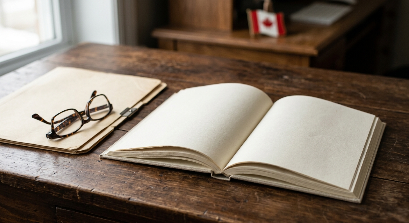 an open arts and literary journal with blurred pages resting on a dark wooden desk beside a closed manila folder and a pair of reading glasses, with a blurred s