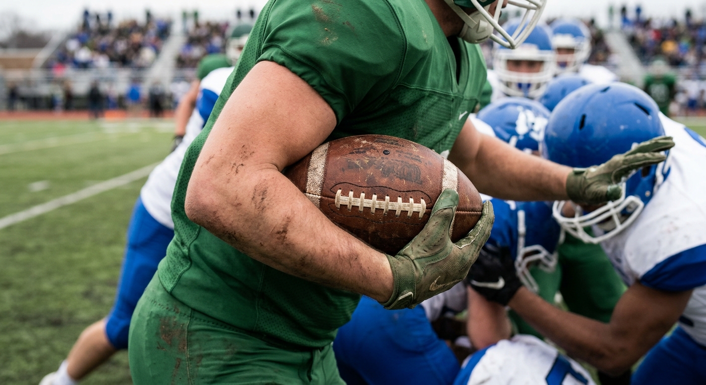 a close up of a scuffed brown leather football tucked securely under the arm of a player in a plain green uniform, pushing forward against opposing players on a