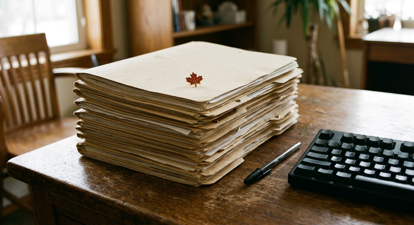 a stack of thick manila document folders, a black ink pen, and a computer keyboard on a wooden desk in a quiet administrative office, with a small maple leaf la