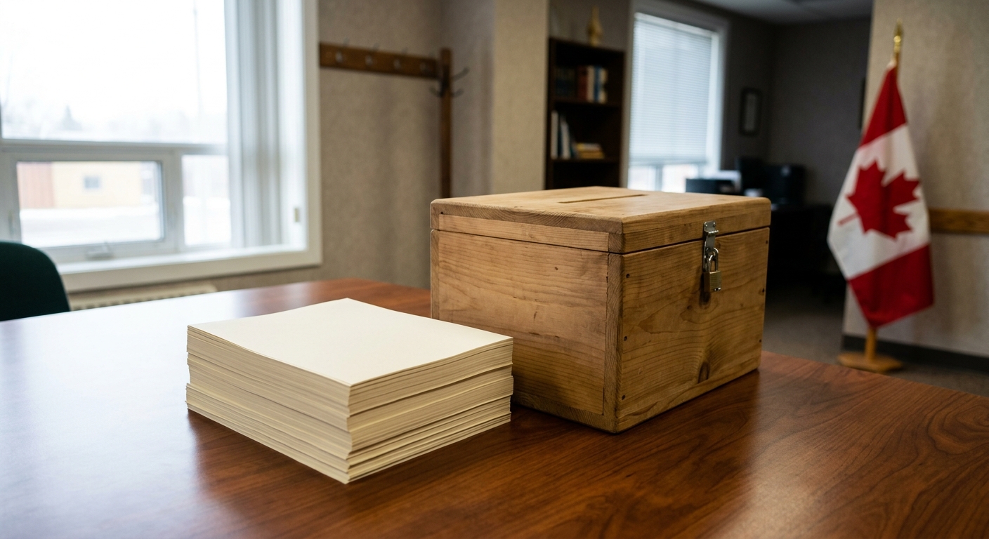 a stack of blank official documents and a plain wooden voting box sitting on a polished conference table, with a softly blurred Canadian flag standing in the co