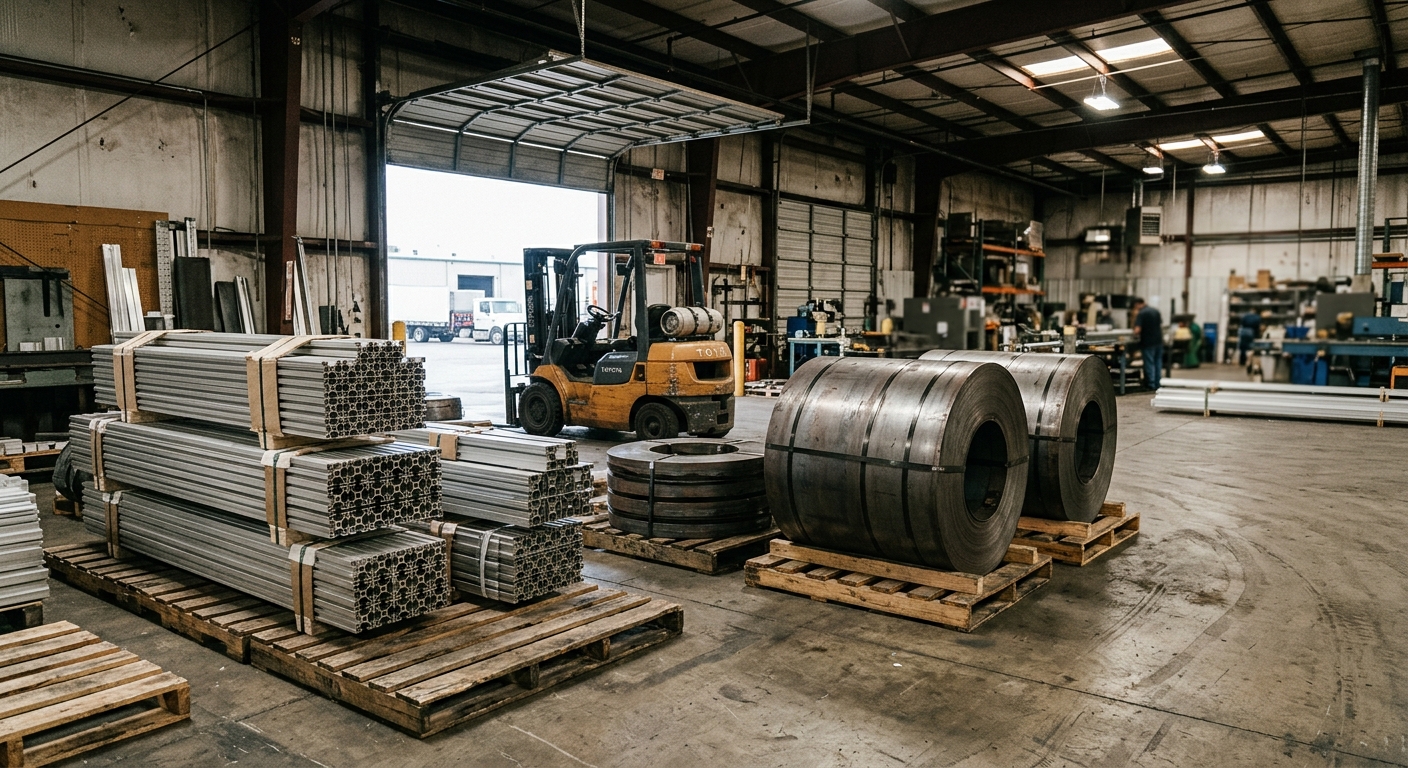 stacked aluminum extrusions and heavy steel rolls resting on wooden shipping pallets inside a slightly dusty industrial manufacturing warehouse, a forklift park