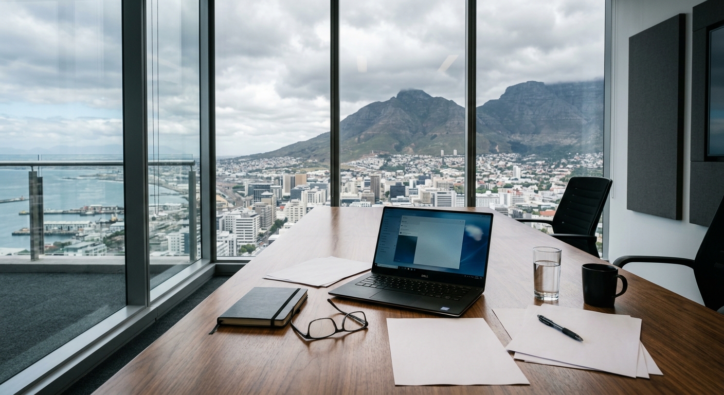 a modern office conference table in a high-rise building with a view of a cloudy coastal cityscape and mountains in the background, featuring an open laptop, a