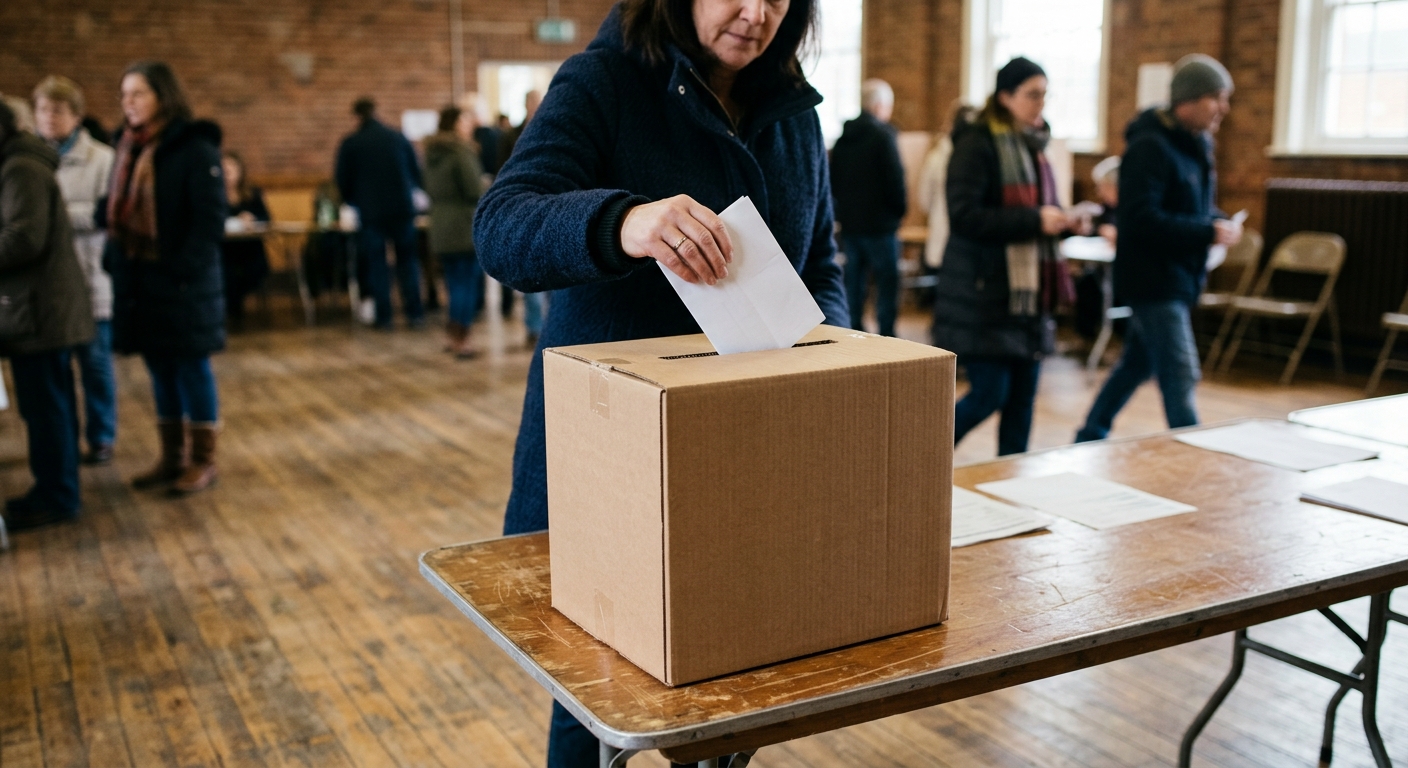 a hand placing a blank folded paper ballot into a plain cardboard ballot box sitting on a folding table inside a local community hall, with a blurred background