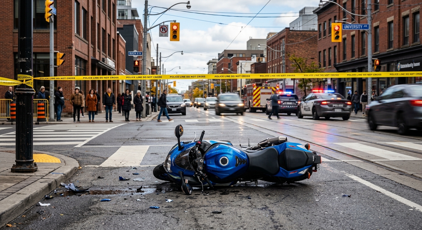 an overturned street motorcycle on the asphalt at an urban Canadian intersection, yellow police barricade tape stretched across the foreground, blurred emergenc