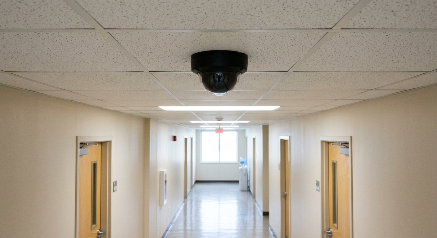 a black dome surveillance camera mounted on a standard white drop ceiling in a sterile government office hallway, natural everyday lighting, shot on a DSLR came