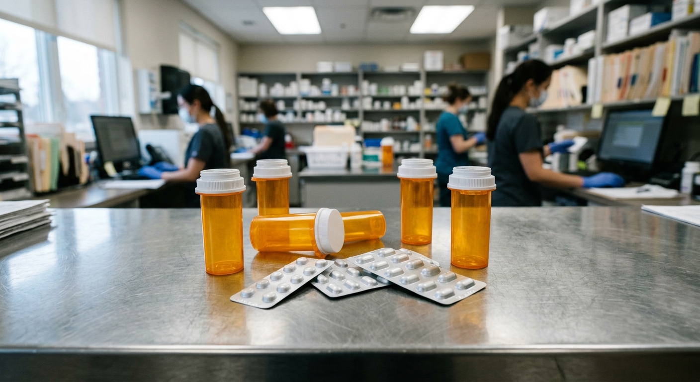 several blank orange prescription pill bottles and sealed silver medication blister packs resting on a stainless steel pharmacy counter inside a standard North