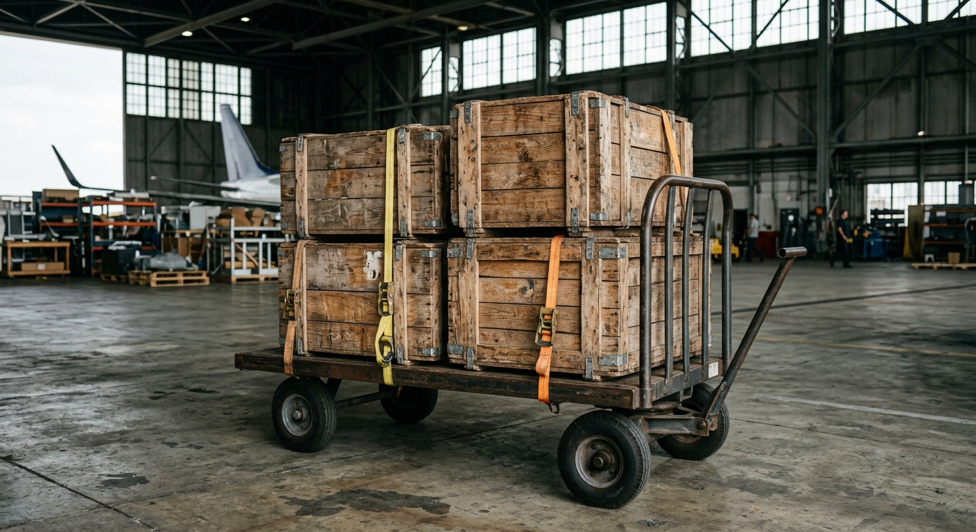 heavy wooden cargo crates sitting on a metal transport trolley inside a large airport storage hangar, natural everyday lighting, shot on a DSLR camera, slight f