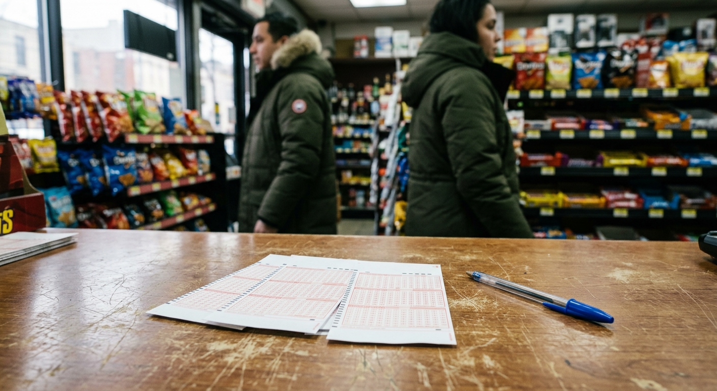 several blank lottery play slips and a blue pen resting on a scratched convenience store checkout counter, with blurred snack displays and a person wearing a th