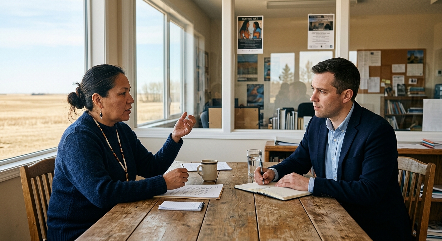 two professionals, an Indigenous woman and a male journalist, having a serious discussion across a wooden table in a bright community center office with large w