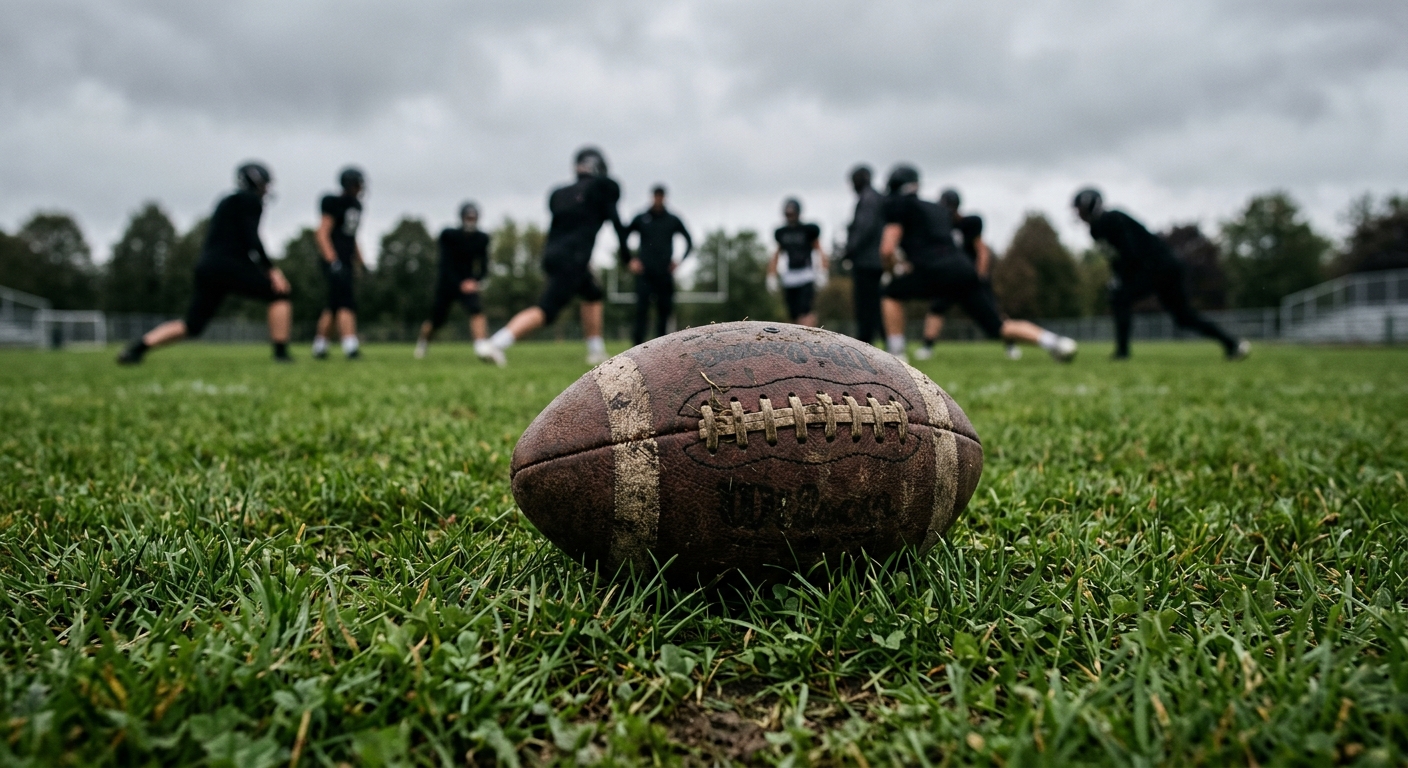 a close-up of a well-worn football resting on a grassy turf field, with blurred silhouettes of football players stretching in the background on an overcast Cana