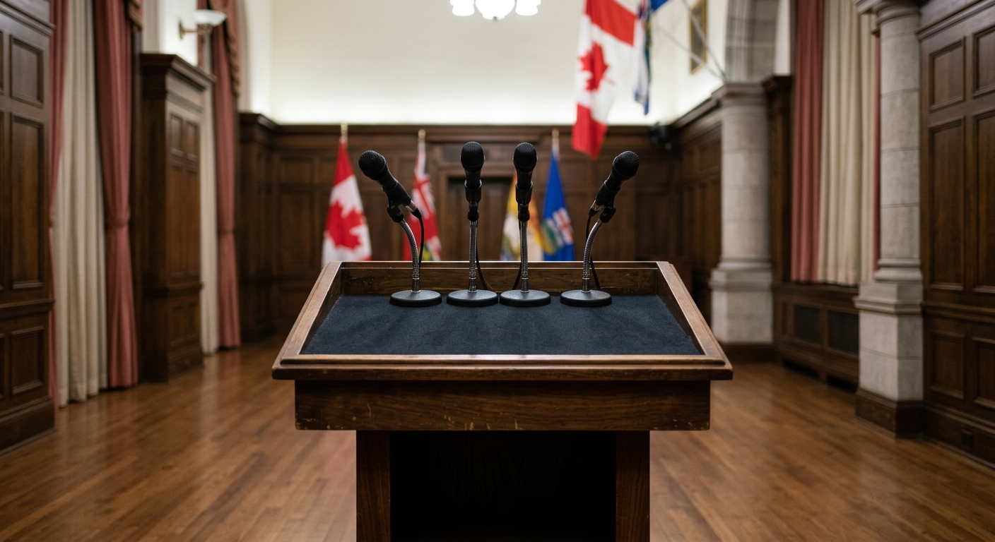 an empty wooden press conference podium with several microphones, a partially visible Canadian flag in the soft-focus background, set inside a government buildi