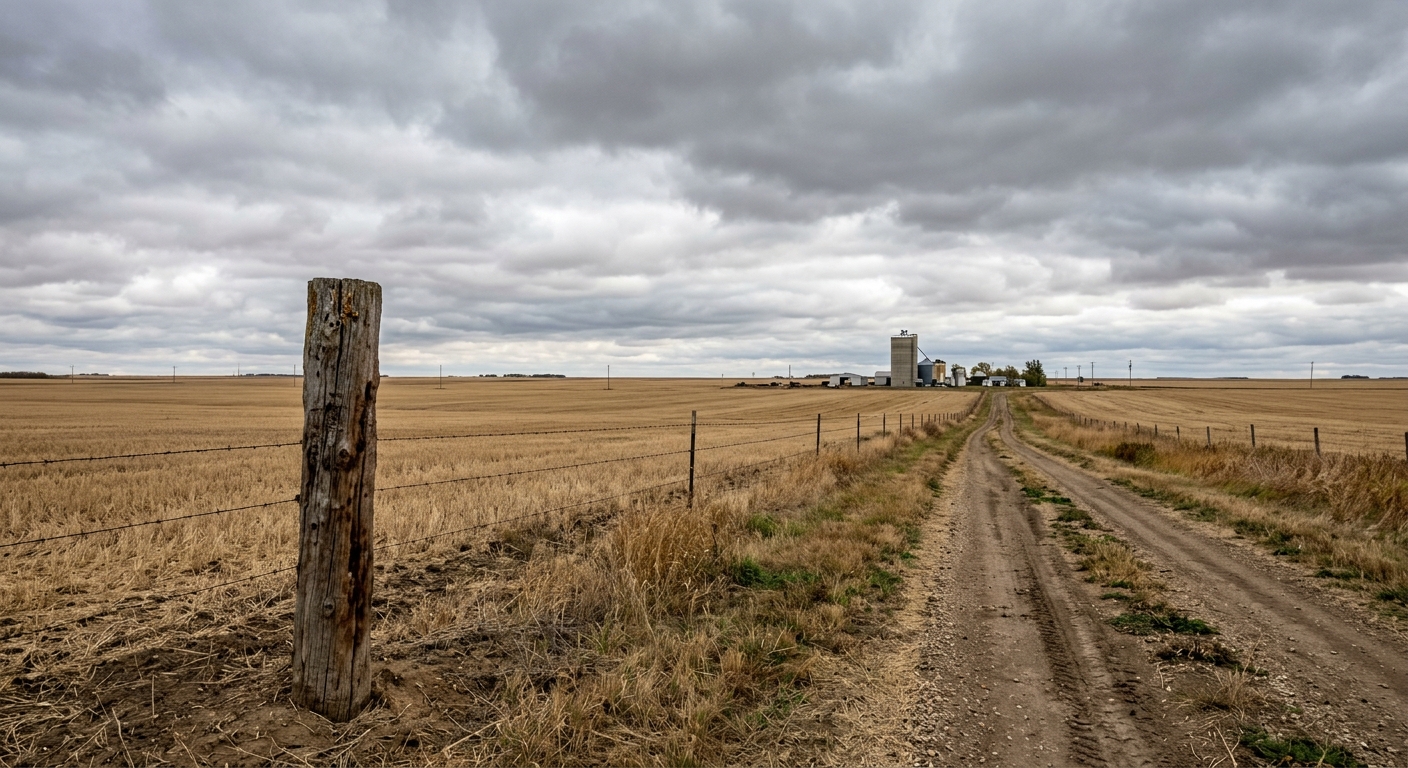 a vast, flat agricultural field typical of the Canadian prairies, with a weathered wooden fence post in the foreground and a dirt road leading toward a distant