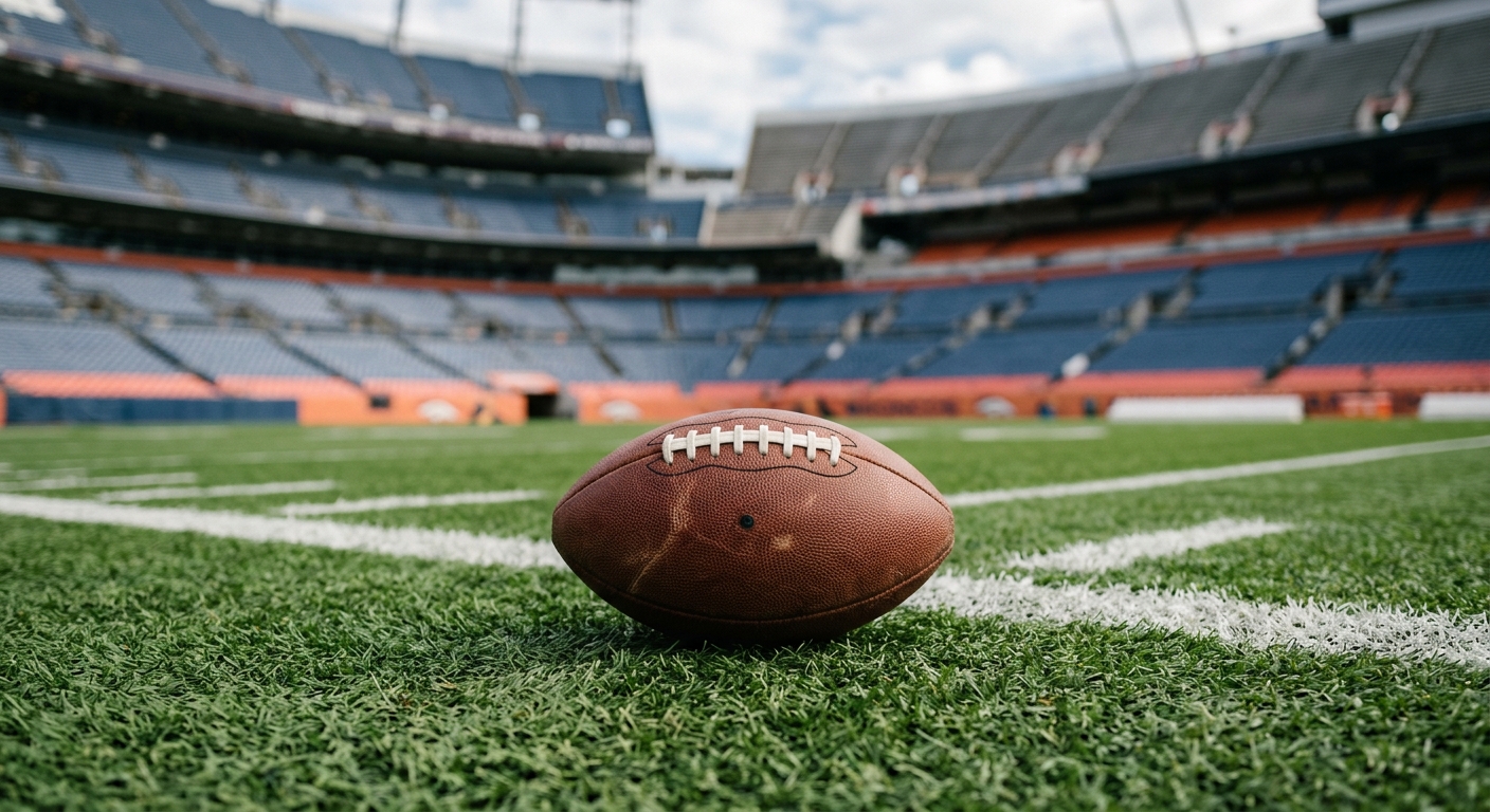 an oval leather football resting on the green synthetic turf of an outdoor stadium during a crisp autumn day, empty blurred stadium seating in the background, n