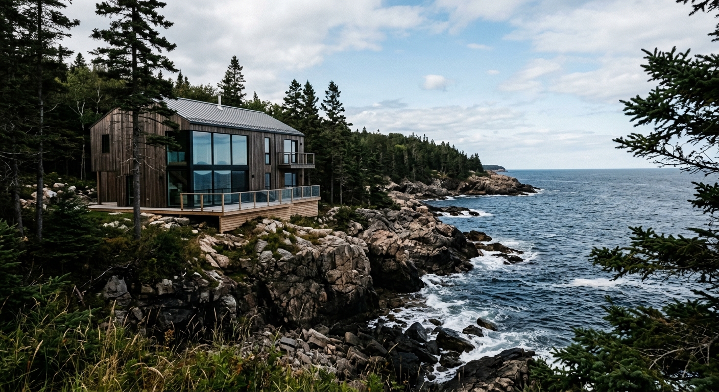 a contemporary wooden vacation home with large glass windows perched on a rugged rocky coastline next to a dark blue ocean and tall pine trees, natural everyday
