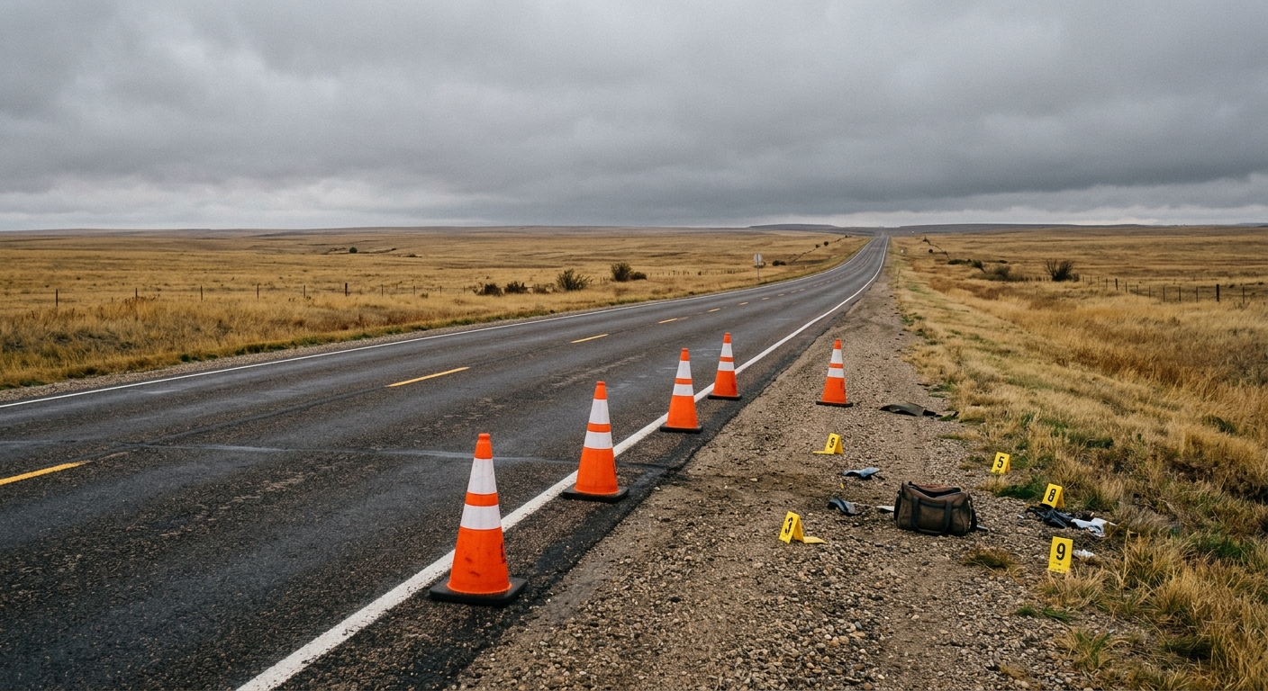 a stretch of rural paved highway cutting through flat prairie fields under an overcast sky, with a few orange traffic cones and small evidence markers placed al