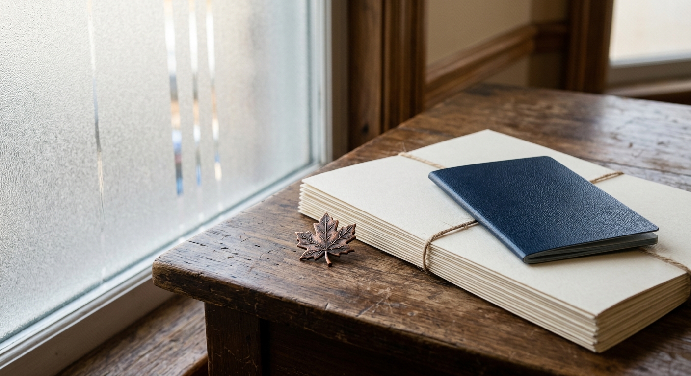 a stack of official documents, a generic dark blue passport, and a small metal maple leaf pin resting on a wooden desk near a frosted glass window, natural ever