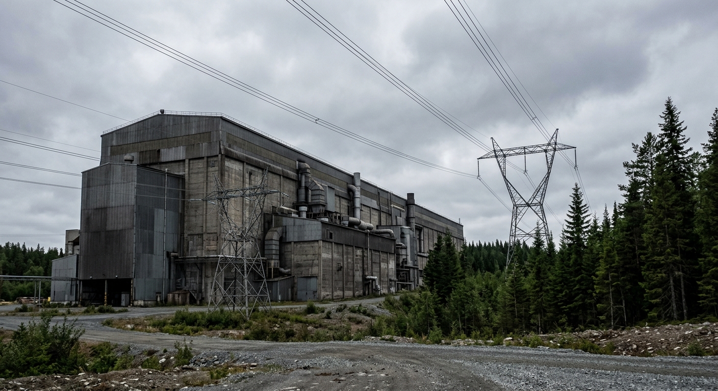 a massive, windowless industrial building situated next to a dense line of tall evergreen trees and heavy high-voltage power lines under an overcast sky, natura