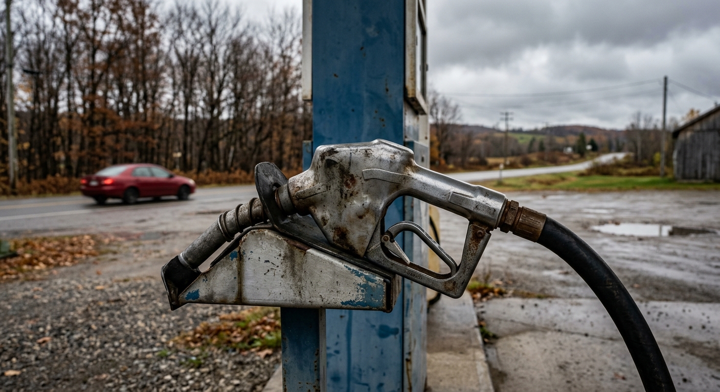 a close-up of a weathered gas pump nozzle resting in its holster at a roadside gas station, with a softly blurred background showing an overcast autumn day, bar