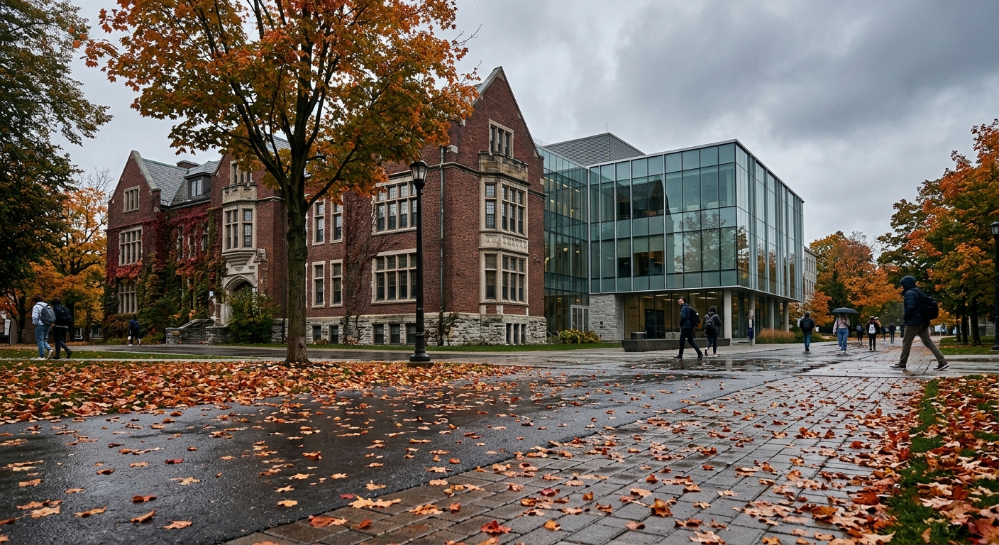 a traditional brick and modern glass university administrative building on a Canadian campus on an overcast day, wet pavement with fallen autumn leaves, blurred