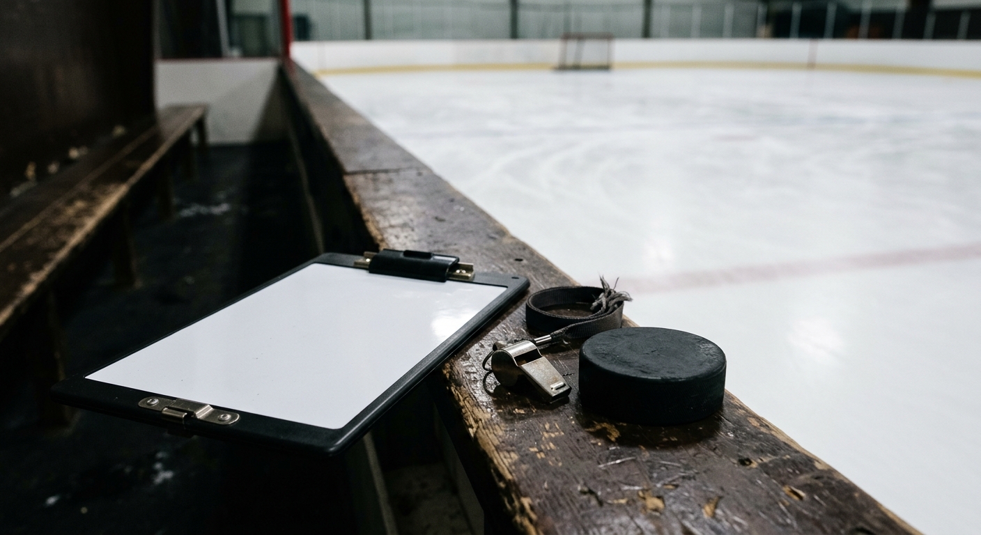 a blank tactical clipboard, a metal whistle, and a black hockey puck resting on the ledge of an empty player's bench at an indoor ice rink, with the scuffed whi