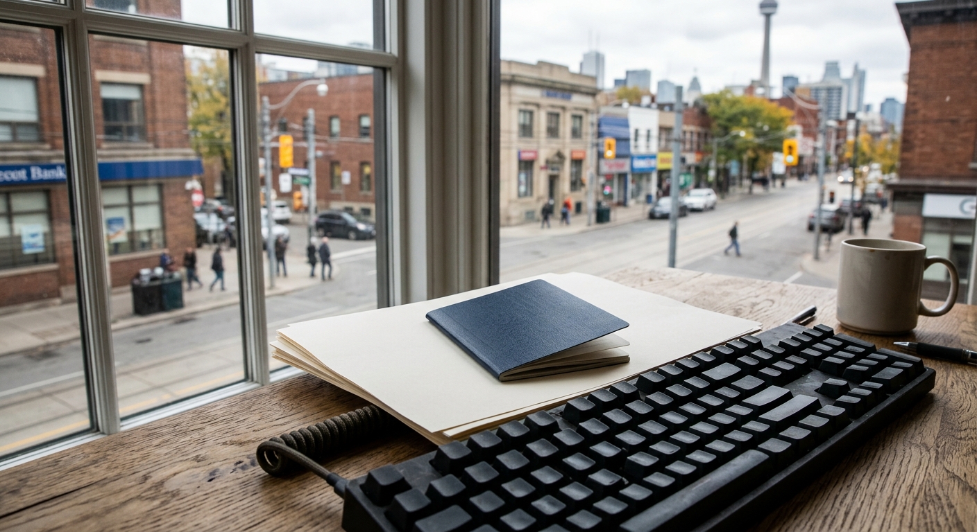 a dark blue passport resting on a stack of blank printed documents and a computer keyboard on a wooden office desk near a window looking out at a Canadian city