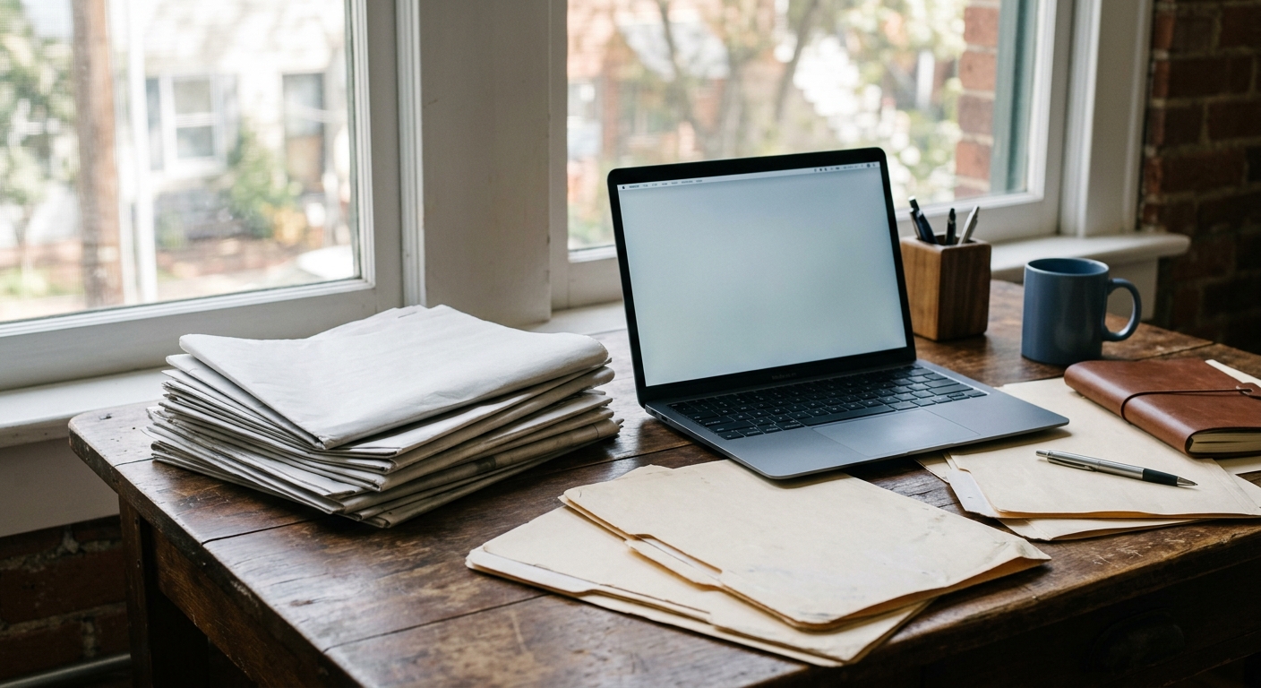 a stack of folded newspapers beside an open modern laptop and scattered legal manila folders on a wooden desk near an office window, natural everyday lighting,