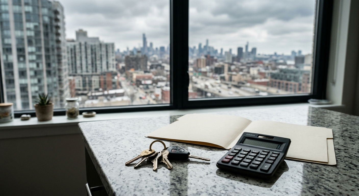 a set of metallic house keys resting beside a basic calculator and an open blank folder on a granite kitchen counter, with an out-of-focus view of a modern high