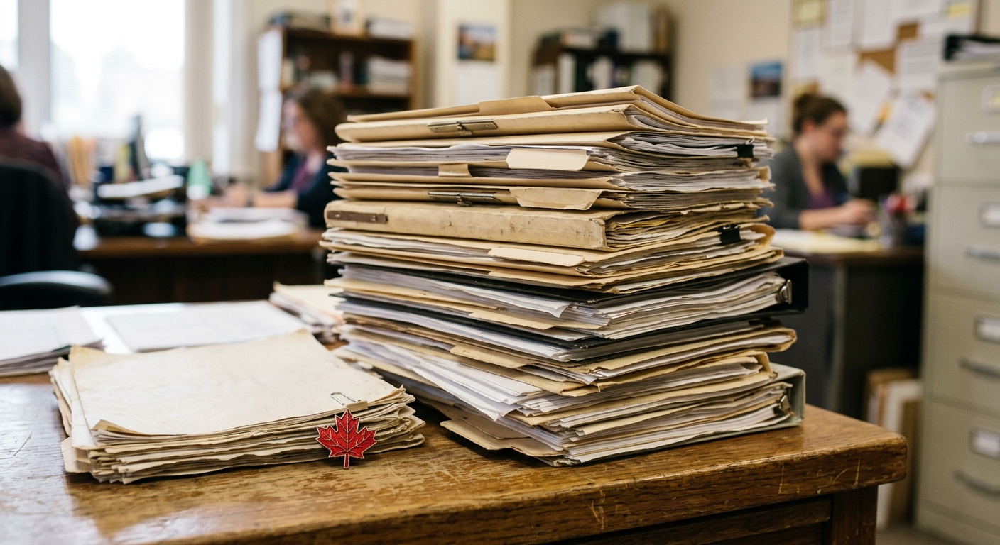 a tall stack of manila folders and loose paper documents on a wooden office desk, a small red maple leaf lapel pin resting near the paperwork, a blurred bureauc