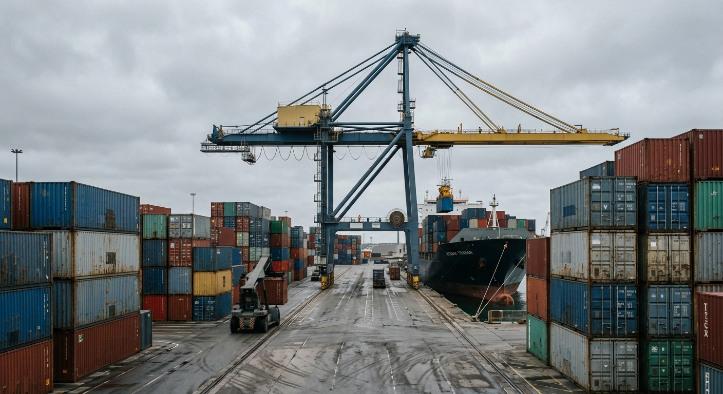 stacked metal shipping containers and a large cargo crane at an overcast commercial port, natural everyday lighting, shot on a DSLR camera, slight film grain, c
