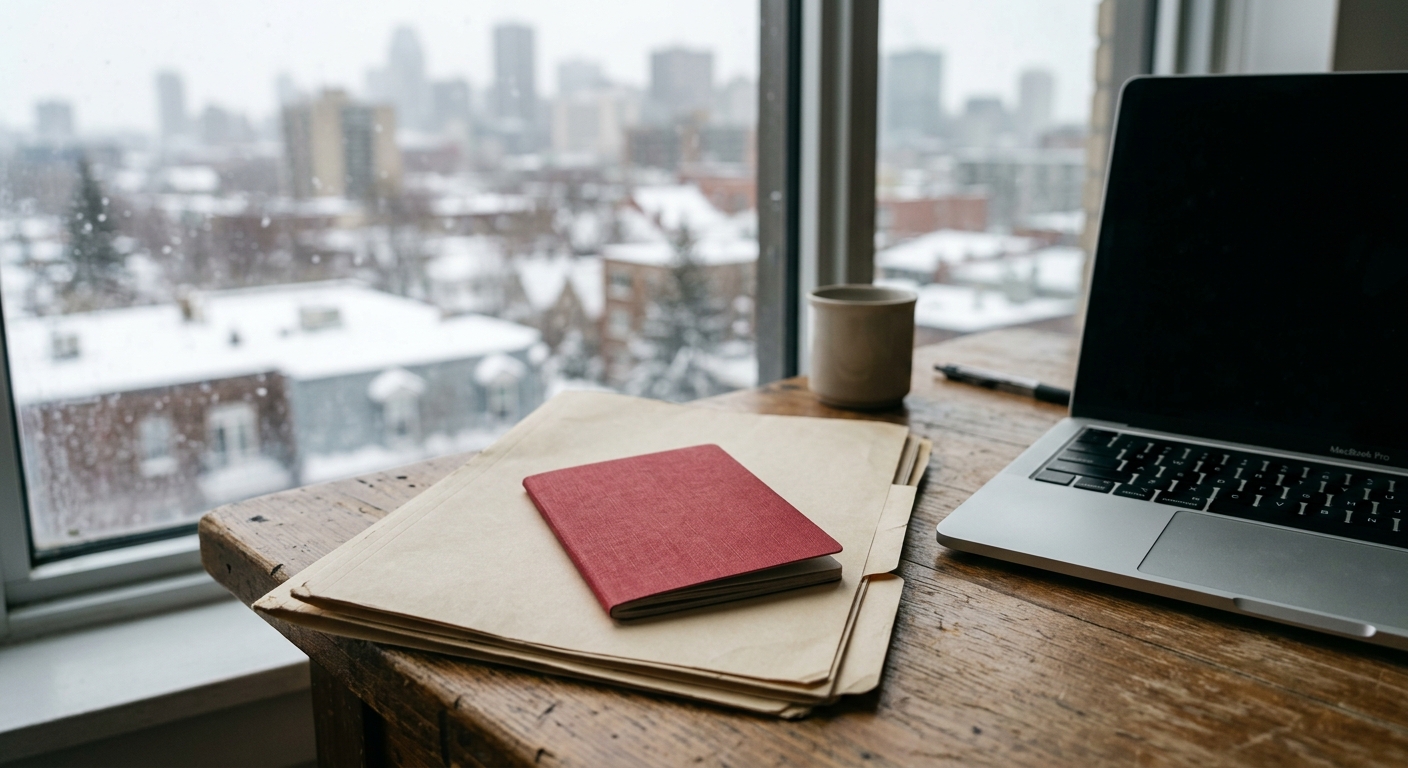a generic closed red passport resting on a stack of blank manila folders on a wooden desk next to a modern laptop, with a blurred view of a snowy Canadian urban