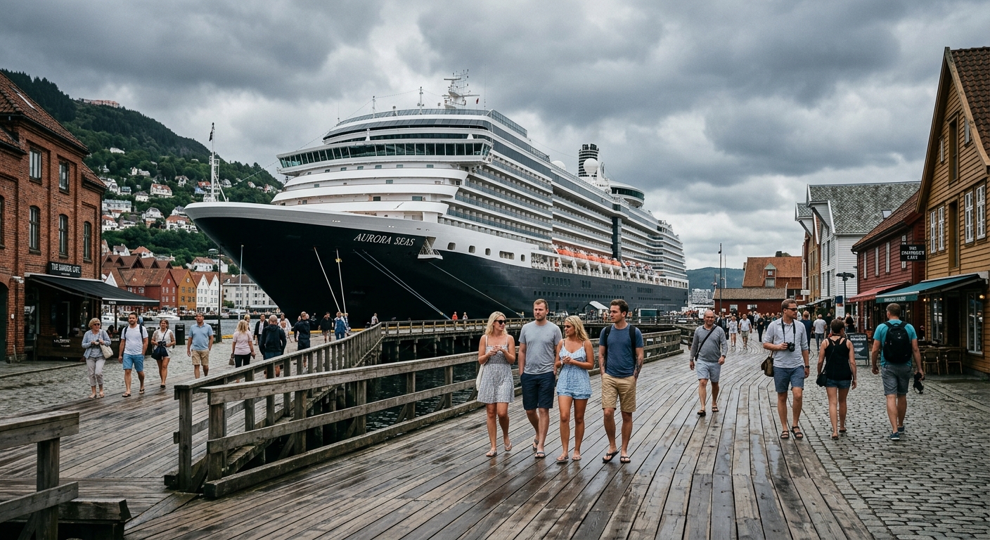a massive cruise ship docked at a northern coastal port with a wooden boardwalk and brick buildings under a cloudy, overcast sky, tourists wearing out-of-place