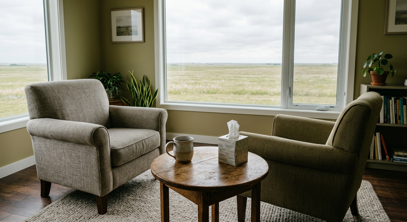 a quiet, welcoming counseling room with two comfortable fabric armchairs facing each other, a small wooden side table with a ceramic mug and a tissue box, and a