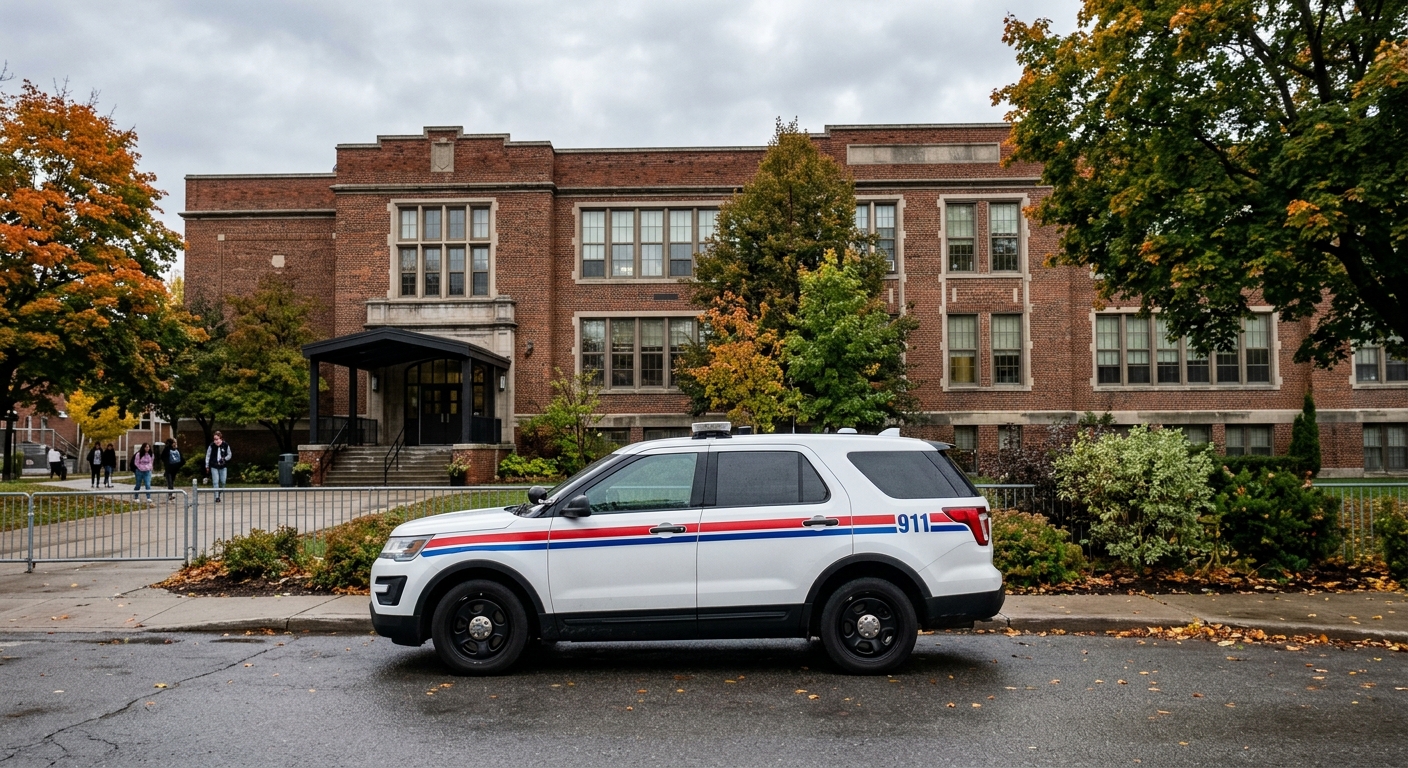 a white police cruiser with red and blue stripes parked outside a brick high school building on an overcast morning, natural everyday lighting, shot on a DSLR c