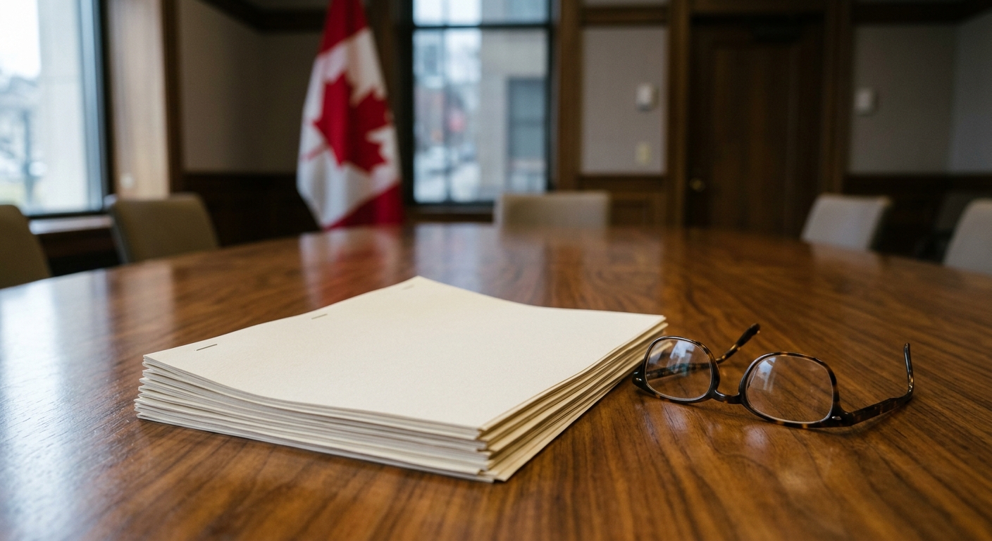 a stack of blank paper documents and a pair of reading glasses resting on a polished wooden boardroom table, a blurred Canadian flag standing in the background