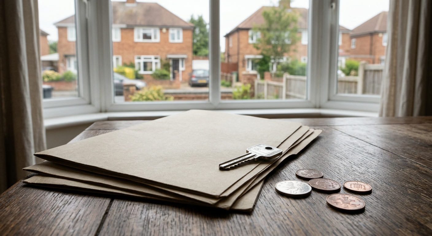 a silver house key resting on a stack of blank document folders alongside a few scattered coins on a wooden table, with a slightly blurred view of brick suburba