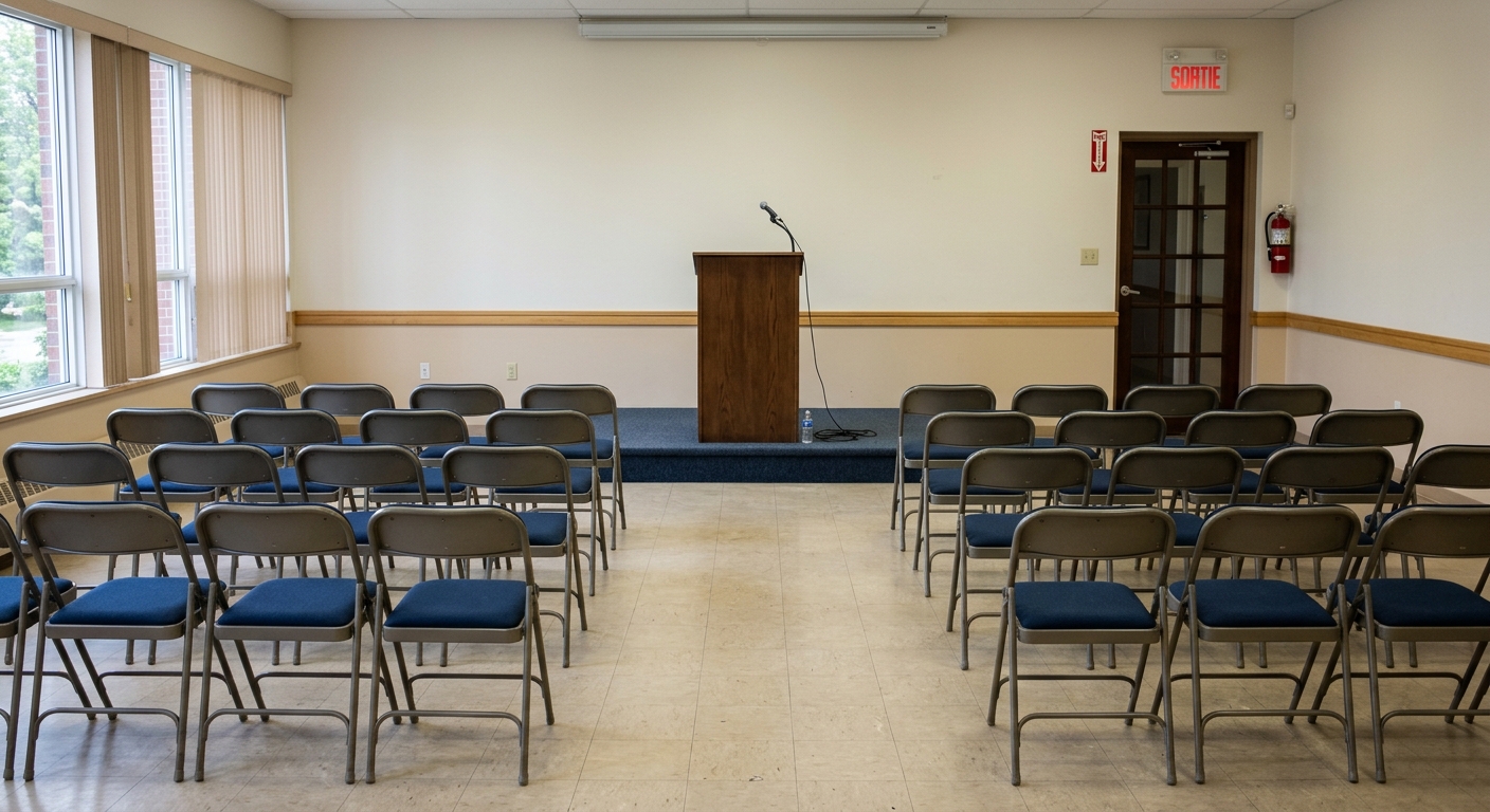 a wooden podium and neatly arranged folding chairs in a modest suburban community center meeting room, set up for a local school board town hall, featuring typi