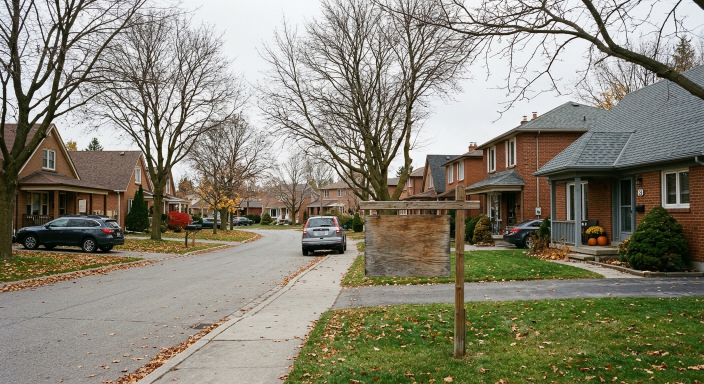 a quiet residential street in a typical Canadian suburban neighborhood, lined with standard single-family brick homes, bare autumn trees, and a blank wooden yar