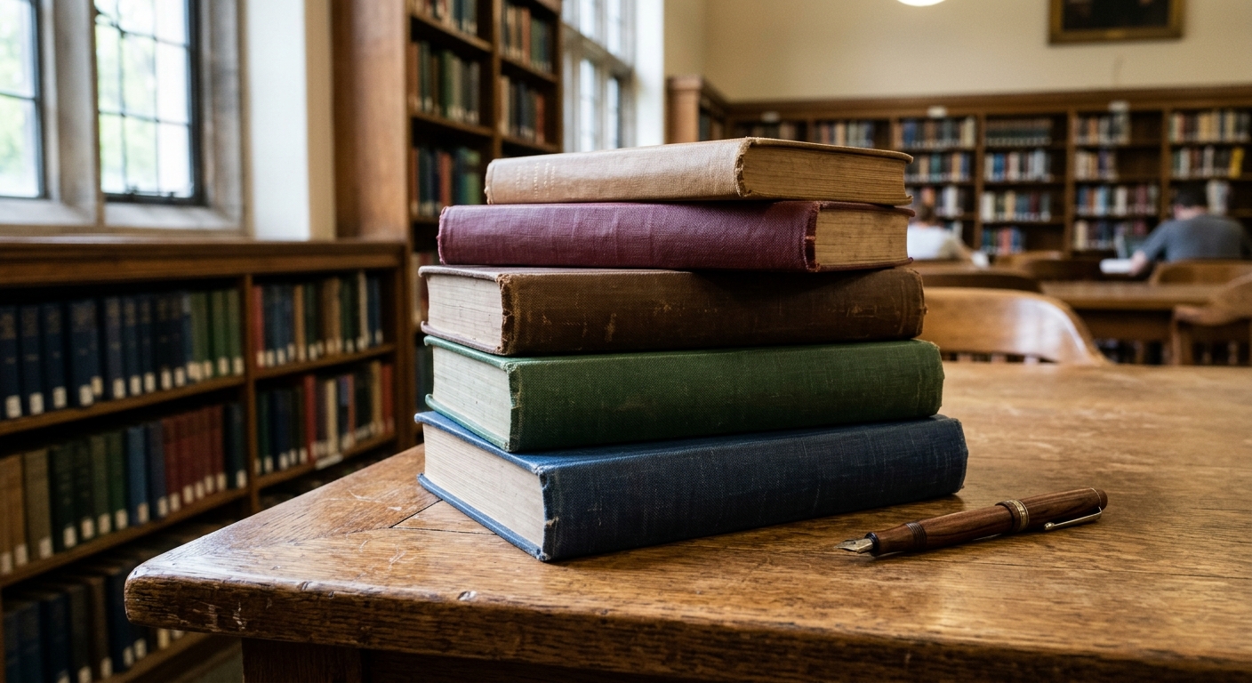a stack of thick, closed hardcover books and a wooden fountain pen on a traditional oak reading desk in a quiet public library, natural everyday lighting, shot