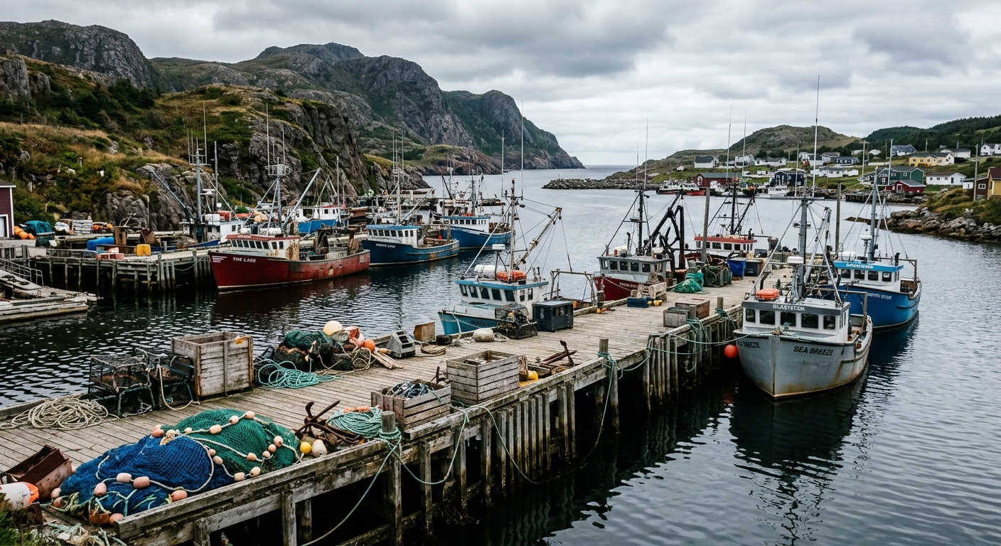 a commercial fishing harbor with docked fishing vessels, wooden piers, and weathered industrial fishing gear, set against a rugged coastal landscape typical of