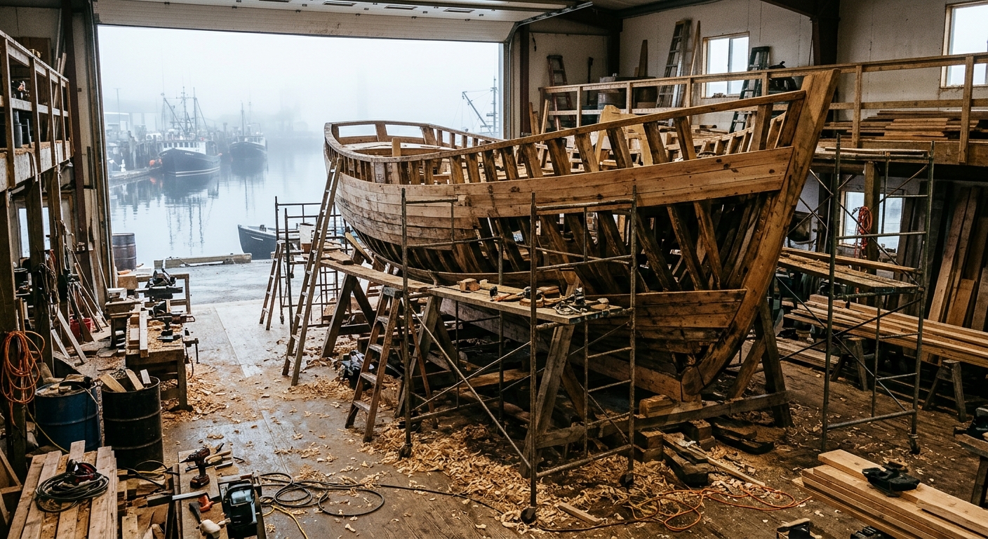 a partially constructed wooden hull resting on supports inside a coastal boatyard workshop, surrounded by scaffolding, wood shavings, and industrial tools, with