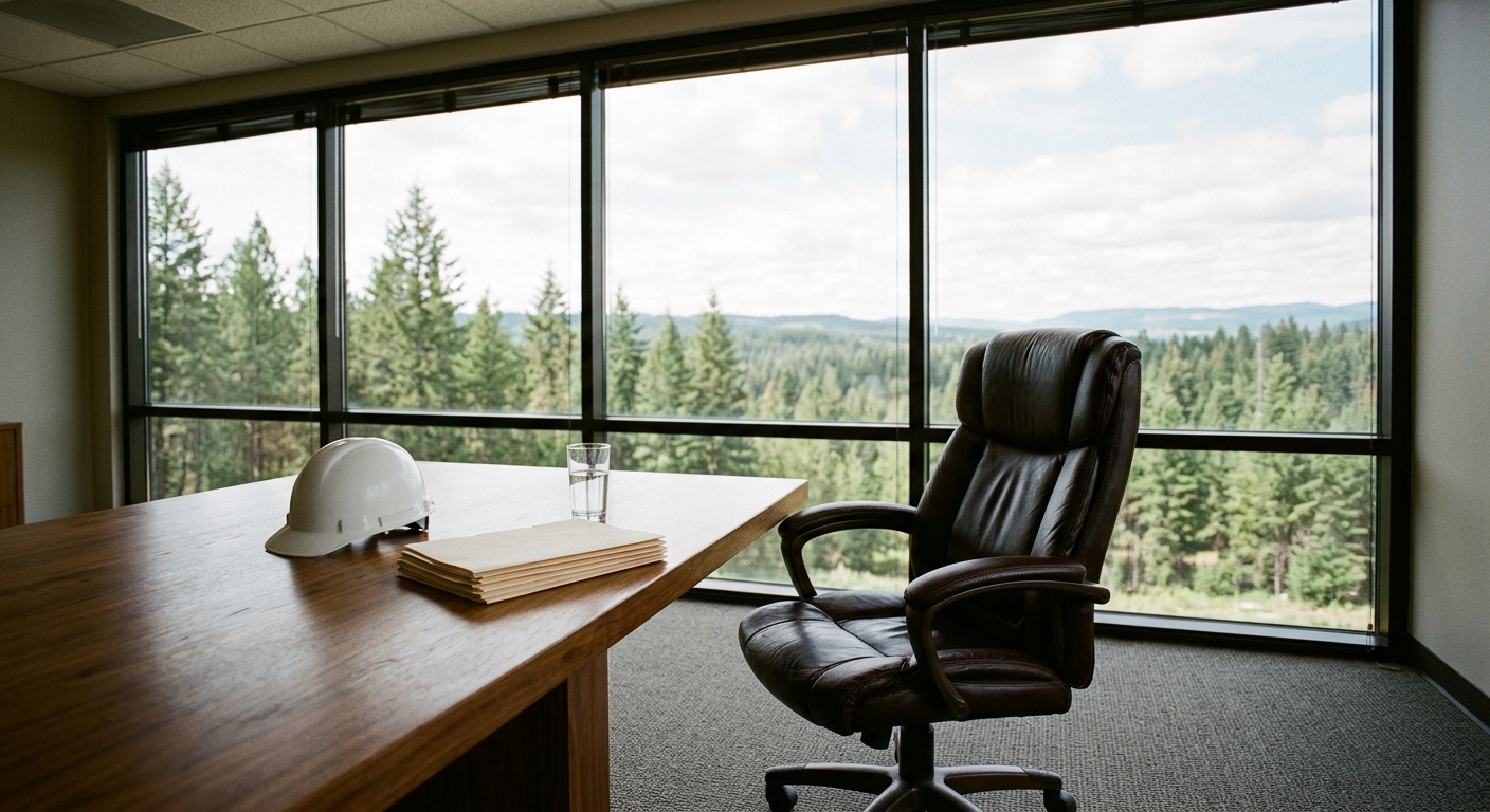 an empty leather executive chair pushed back from a wooden boardroom table, a white construction hard hat resting next to a stack of plain folders and a glass o