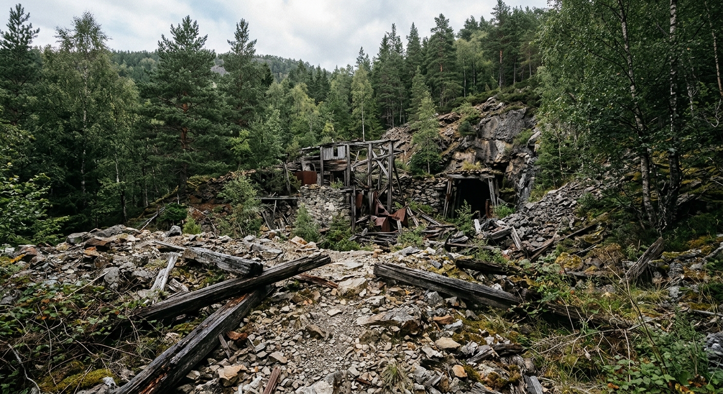 an overgrown, abandoned rocky mine site surrounded by dense pine and birch trees, with a few weathered wooden beams scattered on the rocky ground in a rural for