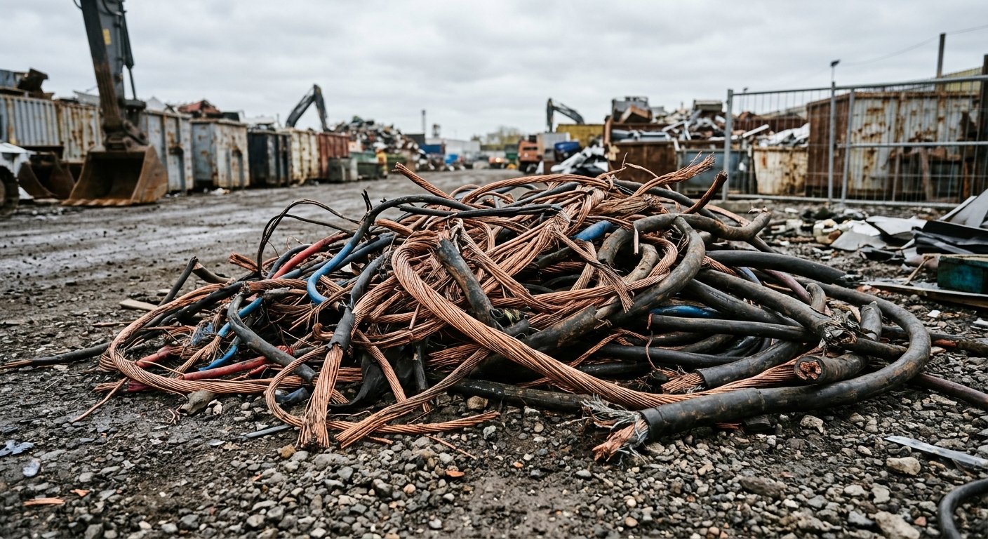 a tangled pile of thick, stripped copper wires and heavy industrial electrical cables resting on the gravel surface of a scrap metal yard under an overcast sky,