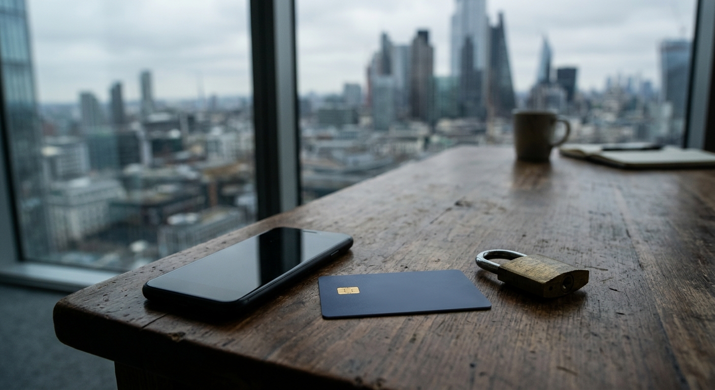 a blank smartphone and a generic plastic bank card lying on a wooden office desk next to a small closed brass padlock, with a blurred background showing a cold,