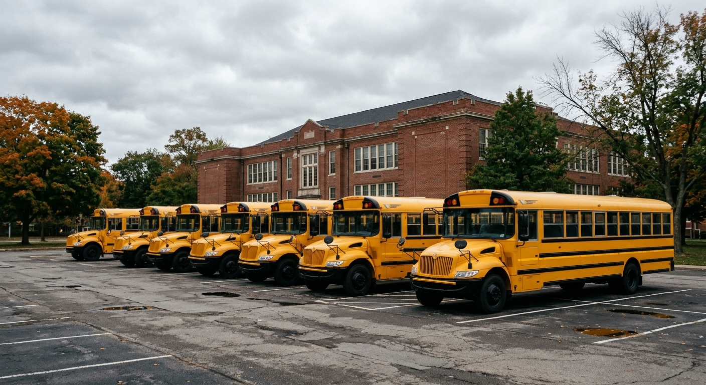 a row of empty yellow school buses parked in a lot outside a red brick school building on an overcast day, natural everyday lighting, shot on a DSLR camera, sli