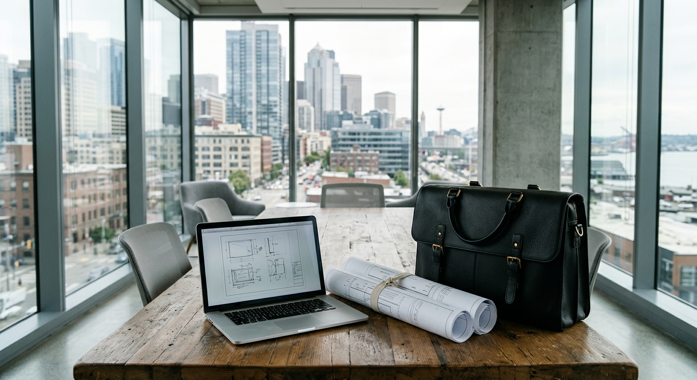 an unmarked silver laptop, rolled-up architectural blueprints, and an unmarked black leather briefcase resting on a wooden conference table in a modern glass-wa